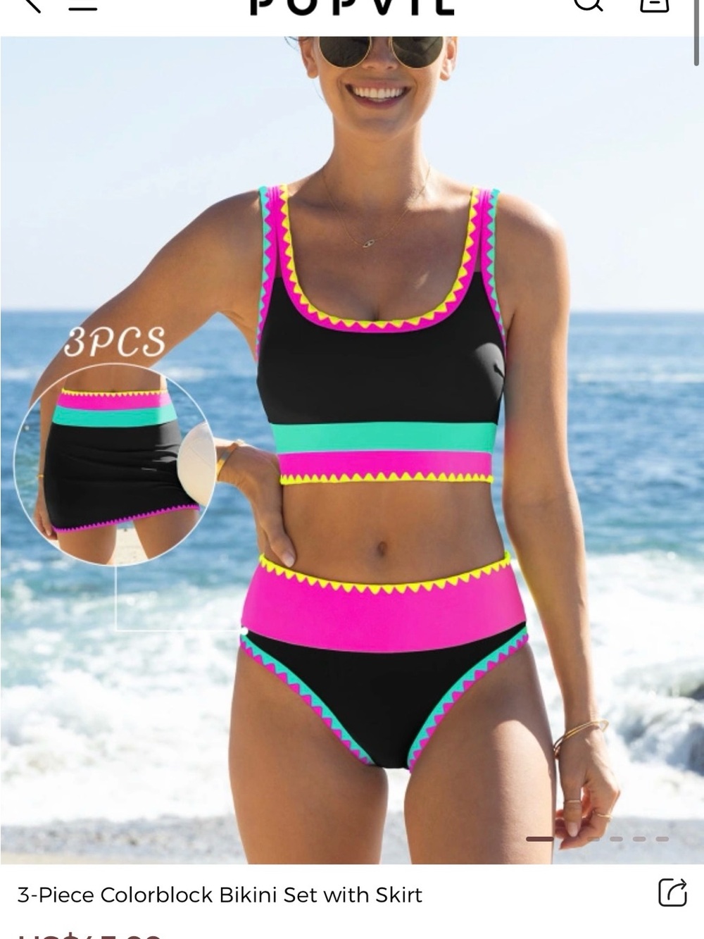 Colorblock Black Bikini Set with Pink & Teal Accents